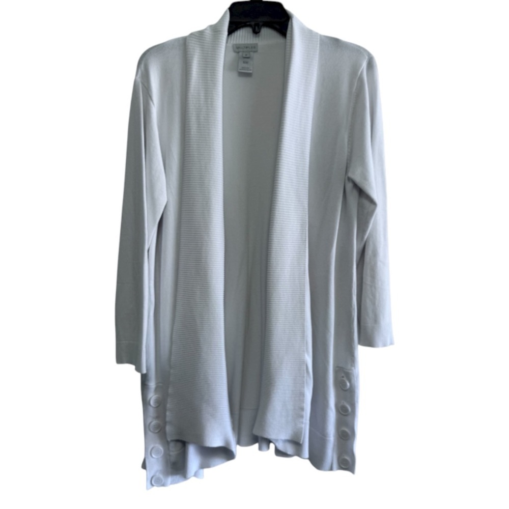 Multiples White Longline Open Front Cardigan Ribbed Trim Button Detail - Picture 2 of 6
